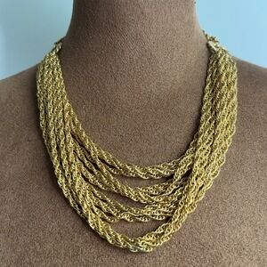 Vintage Gold Tone Multi Strand Rope Chain Layered Statement Necklace 16-20" Glam